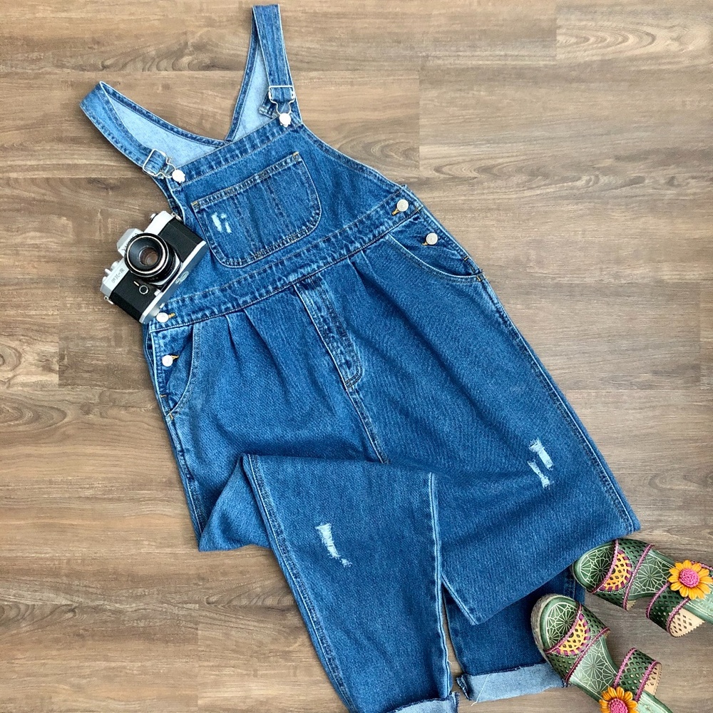 Distressed Denim Overalls | Size Medium